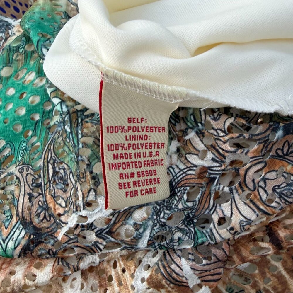 Boho Chic Perforated Maxi Dress XL Green Cream Beige Prairie Hippie Flowy Long - Picture 7 of 7